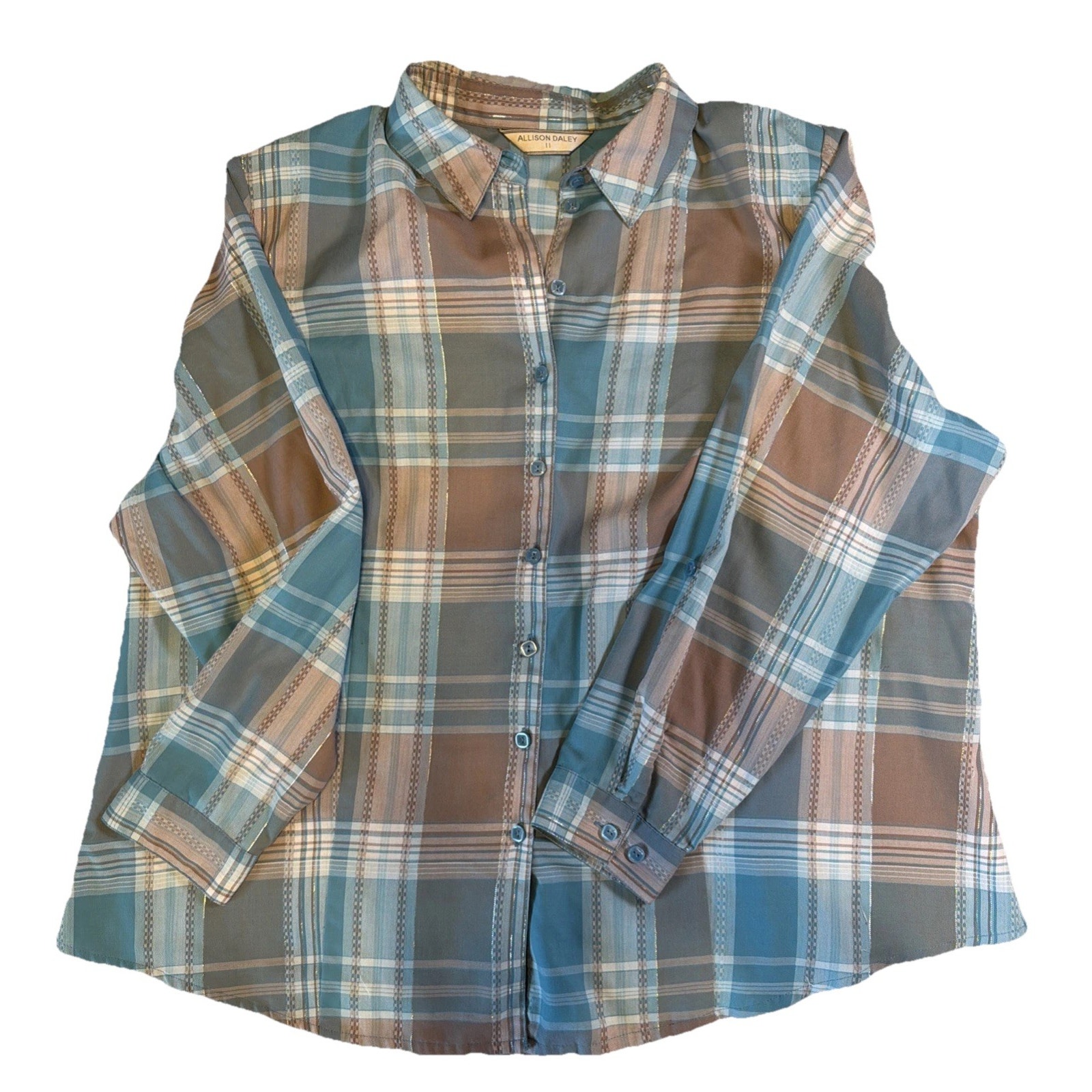 Allison Daley Women’s 3x Button Up Shirt Long Sleeve Blue Plaid Metallic Padded